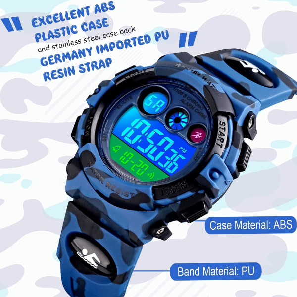 Lasten digitaalinen watch pojille tytöille, 7 värikkäällä LED-valaisevalla hälytyssekuntikellolla, vedenpitävällä casual ulkonaamioivalla kellolla (tummansininen)