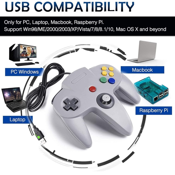 USB N64 Controller, PC N64 Controller, Retro Gamepad Joystick for Windows PC Mac Linux Raspberry Pi, Support N64 Emulator Games, Classic USB Controller for Computer Laptop