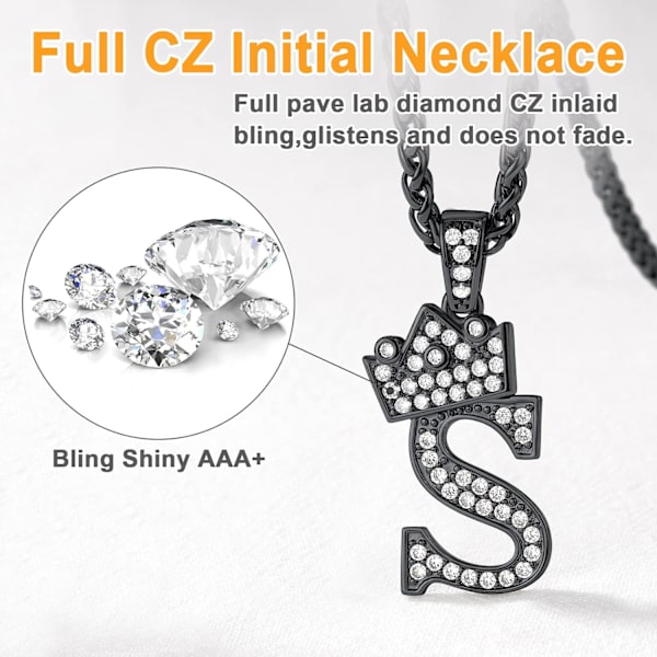 Krona Initial A-Z Halsband, Iced Out Letter Hänge med 22-24 Tums Kedja, Män Kvinnor Bling Hip Hop Alfabet Namn Smycken Present Stora Initialer Halsband S Black
