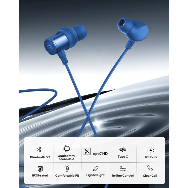 Q30 HD+ Bluetooth-hodetelefoner i-øret stereo trådløse 5.2 magnetiske øretelefoner IPX5 svettebestandige ørepropper med mikrofon for sport, 10 mm drivere, aptX-HD, 12 timer Blue