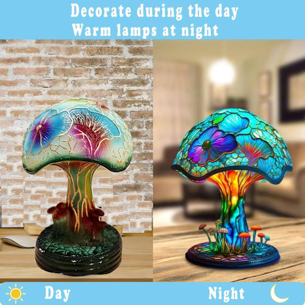 Malet svampebordlampe, 7,9 tommer ny Tiffany-glas plante natlampe, boheme harpiks svampe dekorative sengelampe (M)