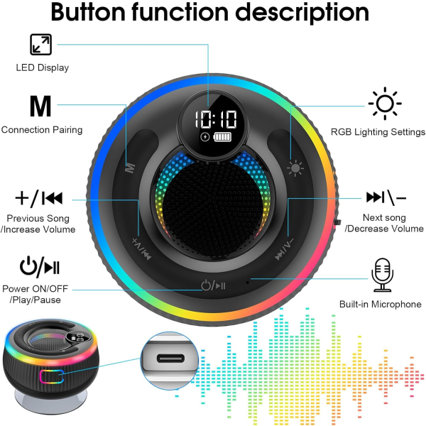 Bluetooth suihkukaiutin, IP7-vedenkestävä Bluetooth -kaiutin imukupilla ja mikrofonilla, kannettavat 8H-kaiuttimet matkustamiseen, juhliin, kotiin, ulkokäyttöön