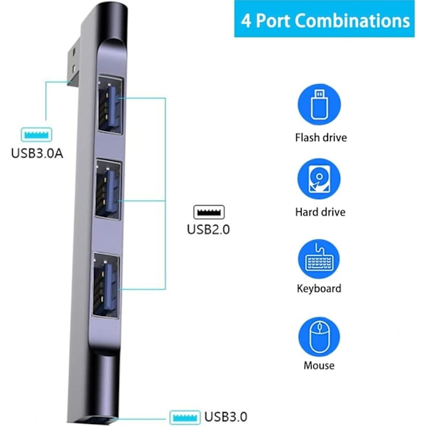 USB-hub med 4 porter - Multi USB-portutvider - Bærbar data-USB-splitter - USB-forlengelsesadapter for bærbar PC