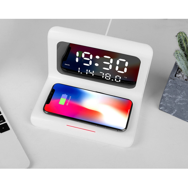 Kreativt digitalt vækkeur, ur trådløs hurtigopladning, multifunktion tre-i-én mobiltelefon trådløs opladningsvækkeur Hvid