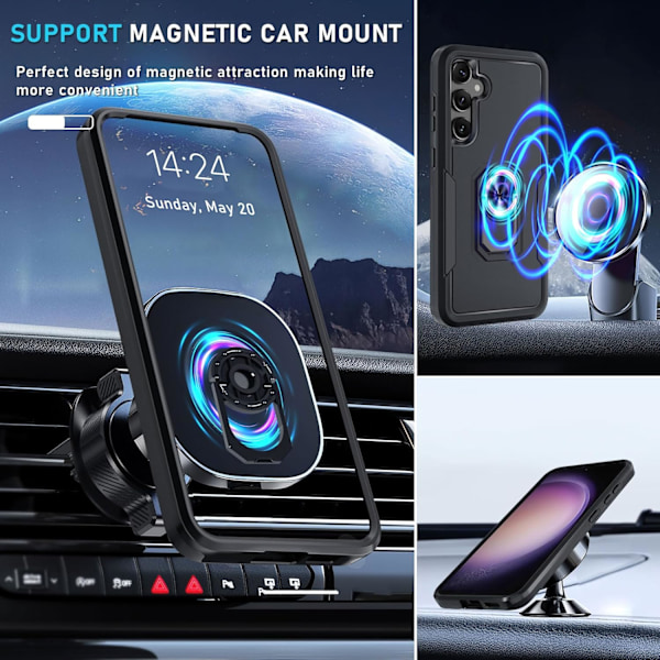 Samsung GaIaxy S24+plus Cover med Skærmbeskytter Hærdet Glas, Kraftig Stødsikker Fuld Krops Telefon Cover Indbygget Metal Ring Ho Black Matte