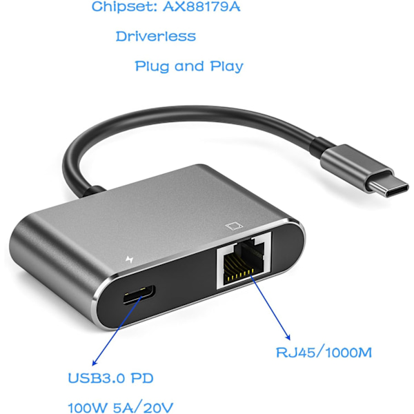 ULANSeN USB C til RJ45 LAN Ethernet Gigabit Netværksadapter med Chippset AX88179 med 100W PD-opladning til Windows/iOS/iPadOS/macOS/Linux