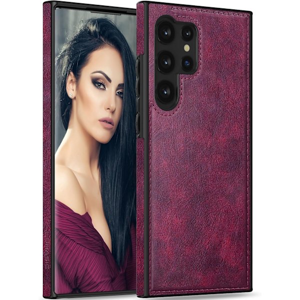 Samsung Galaxy S24Ultra 6.8 tum Skal, Premium Läder Klassisk Lyx PU Halkfritt Grepp Robust Stötfångare Stöttåligt Fullständigt Kroppsskydd Magenta