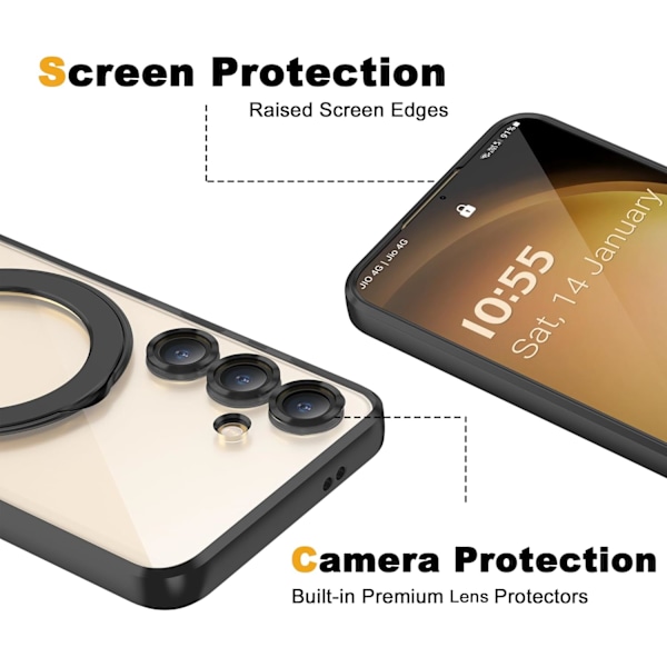 Samsung Galaxy S25 6.2 Kotelo magneettisella rengastelineellä [Yhteensopiva Mag-Safe kanssa] [Täysi kameran linssinsuoja] Pinnoitettu kirkas puhelinkotelo Black