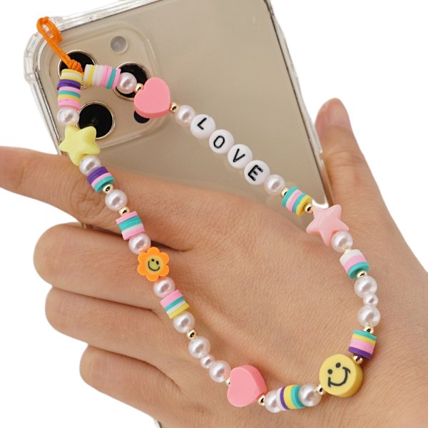 Perlemobiltelefon Lanyard Armbånd, Farge Mobiltelefon Ornament Mobiltelefon Anti-tapt Kjede Mobiltelefon Rem Lanyard Damer Sommer Trend Smil