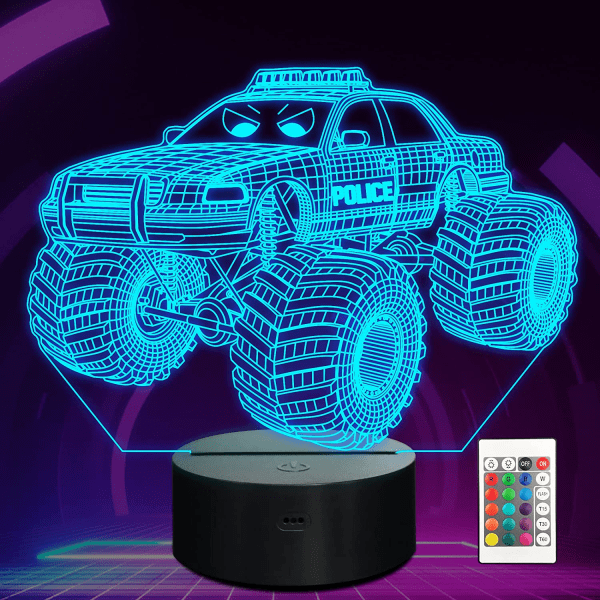 Qinwei Monster Trucks Natlys Policar 3D Illusion Lampe 16 farver skiftende med fjernbetjening Kreative fødselsdagsgaver til børn Drenge Indretning i soveværelset