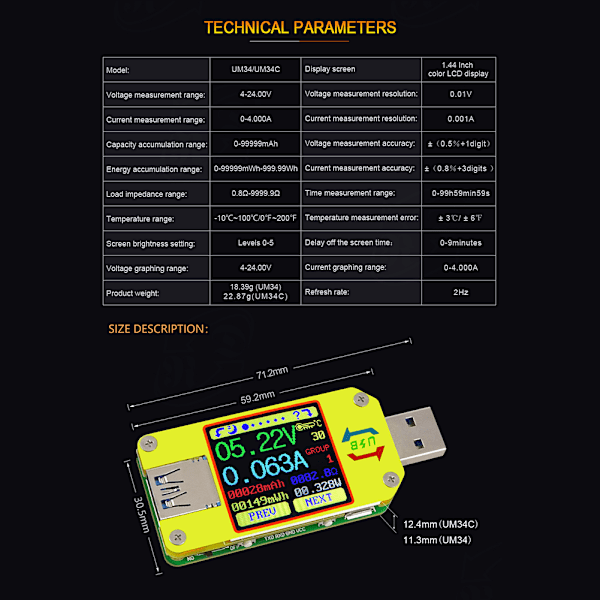Bluetooth USB3.0 Fargeskjerm Spenning Strøm Tester Voltmeter Multimeter Type C Grensesnitt