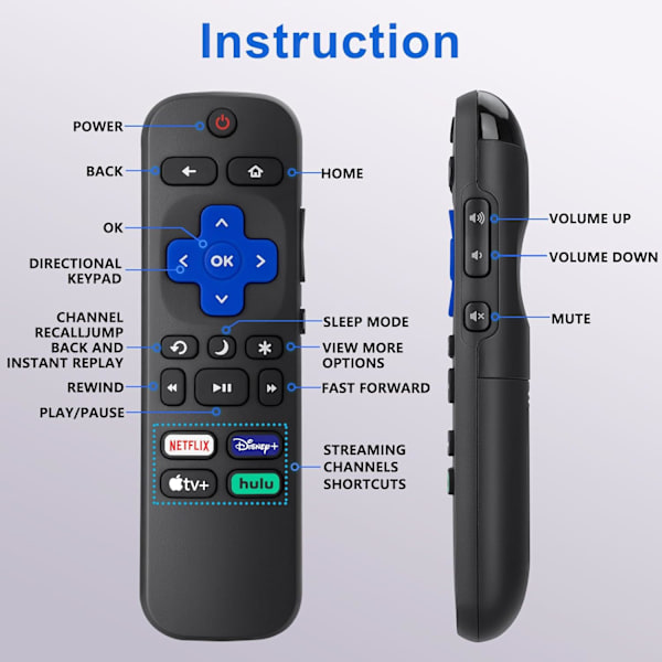 Fjernkontroll for Roku-TV, kompatibel med TCL Roku/Hisense Roku/Onn Roku/Sharp Roku Series Smart-TVer (ikke for Roku Stick og Box) Black