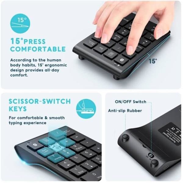 Bluetooth-nummertastatur, trådløst numerisk tastatur med oppladbart batteri, 22 taster, bærbar, slank numerisk tastatur, finansiell regnskap Bluetooth 10-tasters