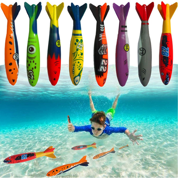 Undervannsdykking Torpedo Banditter, svømmebasseng leketøy 5" haier glir opptil 20 fot morsomme vannspill for gutter og jenter (sett med 8 deler)