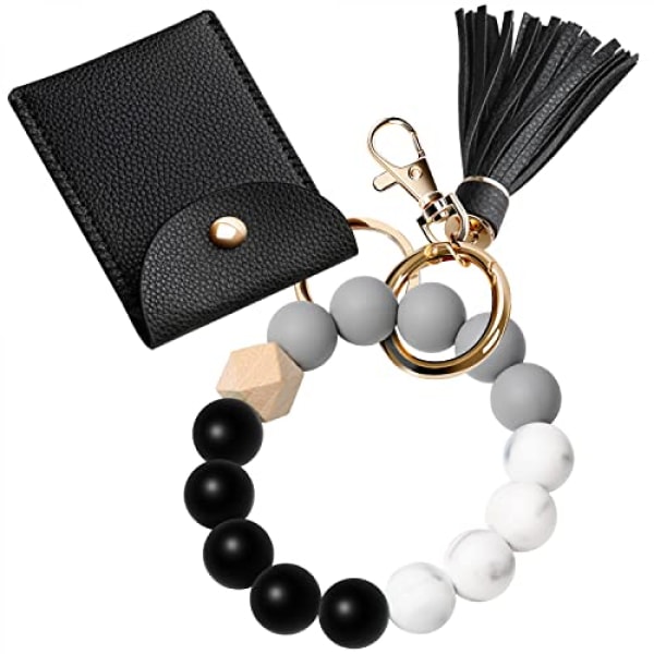 Nøglering Armbånd Wristlet, Silikone Perle Nøglering Armbånd med Kortpung, Elastisk Nøglering Bangle til Kvinder---Glossy-blå