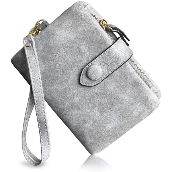 Womens Small Bifold Leather Wallets Rfid Ladies Wristlet with Card slots id window Zipper Coin Purse---Gray