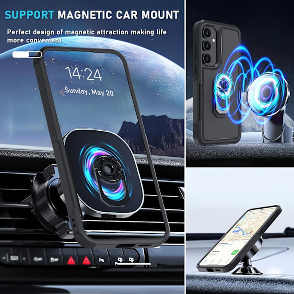 Samsung GaIaxy S25+plus Cover med Skærmbeskytter Hærdet Glas, Kraftig Stødsikker Fuld Krops Telefon Cover Indbygget Metal Ring Ho Black Matte