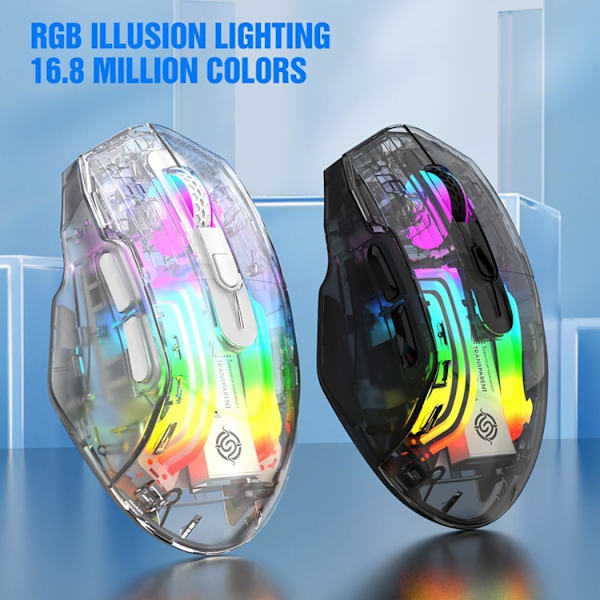 Bluetooth Trådløs Mus, Tri-Modus 2.4G/USB-C/Bluetooth Mus Opptil 3600 DPI, Transparent Mekanisk Spillmus, Chroma RGB Bakgrunnsbelyst Black