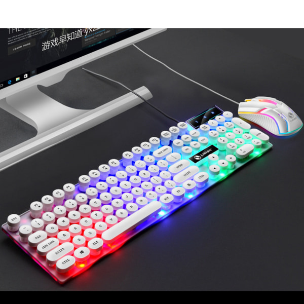 Tastatur Mus Combo Punk Retro Keycaps USB Kablet Fargerikt bakgrunnsbelyst Slitesterk ABS tastatur og mus for gaming bærbar PC Hvit punksett
