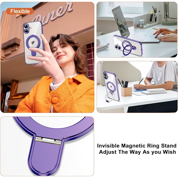 Kompatibel med iPhone 16 Plus Deksel med Magnetisk Ringstativ [Kompatibel med Mag-Safe] [Full Kamerabeskyttelse] Plating Klar Ph Purple