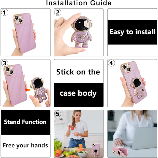Til iPhone 15 Cover, Sød 3D Astronaut Stand med [2 Skærmbeskyttere] [Kamerabeskyttelse] Støtteben Stødsikker Bling Silikone Blød Ba Purple