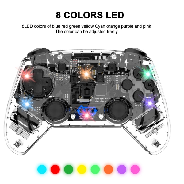 Spelkontroll för PC/Switch/Tesla modell 3/y/x/s, Transparent LED-bakgrundsbelysning, Stöd för dubbla motorer och dubbla vibrationsfunktioner (transparent svart)