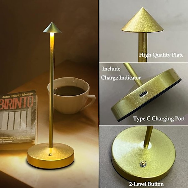 Oppladbar trådløs lampe, 3000mAh batteridrevet lampe, bærbar LED berøringsstyrt tri-color dimming, batteridrevet lys, gjesterom, golden