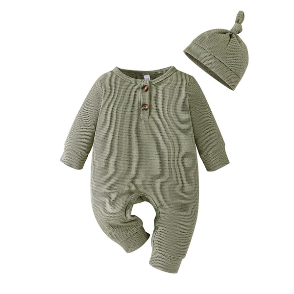 Bebis Kläder Set Spädbarn Pojkar Flickor Nyfödd Baby Sparkdräkt Mössa Ribbstickad Långärmad Knapp Enfärgad Bodysuit Jumpsuit green 80CM