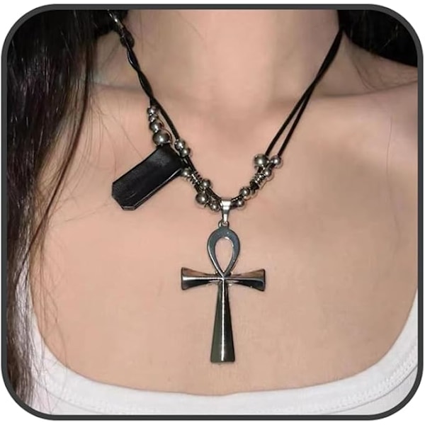Ankh Hänge Halsband för Män Kvinnor Svart PU Läder Knuten Halsband Silver Pärlor Långa Halsband 34 Tum Repkedja Egyptisk Religiös Smycken