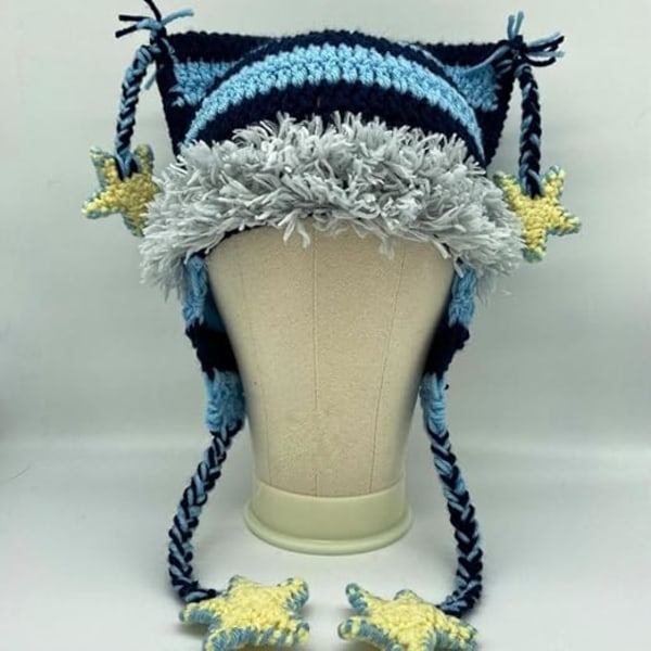 Beanies Cat Beanie Y2k Beanie Goth Stickad Mössa Grunge Virkade Hattar för Kvinnor y2k Tillbehör, Blå Vit-a