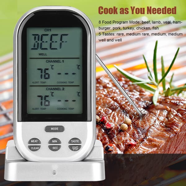 Digital BBQ Termometer Trådlös Kök Matlagning Termometer med Sond&Timer Alarm Silver