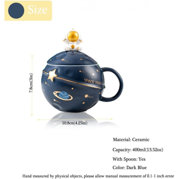 400 ml Astronaut Rymd Planet Mugg med lock och sked för kaffe, mjölk, present födelsedag för flicka pojke kvinnor, djupblå (1)