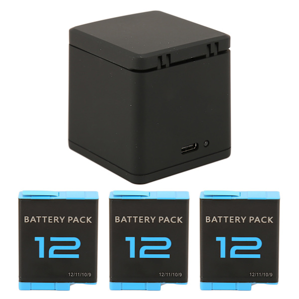 Actionkamera Batterilader 3 Kanals Oppbevaring Lading med 3stk 1800mAh Oppladbare Litium Ion Batteri
