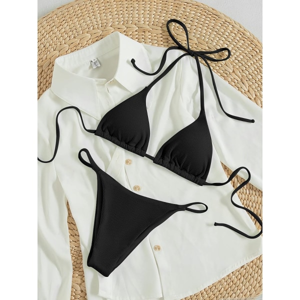 WJSM Dame Halterneck Binde Side Trekant Bikini Sæt Høj Skæring 2 Del Bikini Badetøj Ribbed Black M