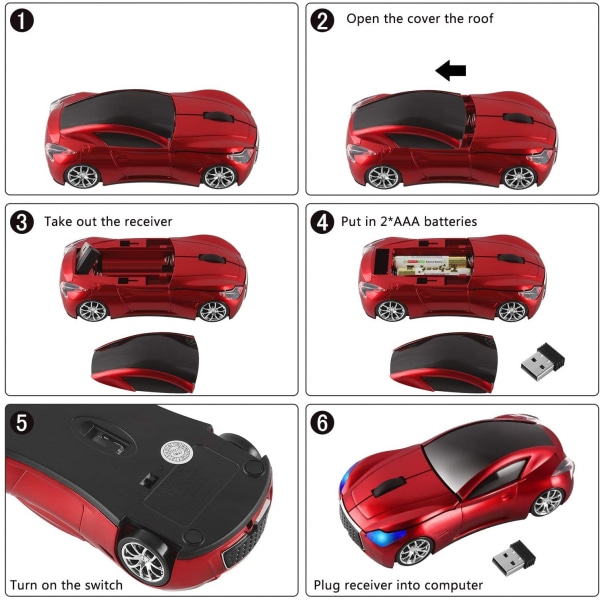 Trådlös bilmus 2,4 GHz Cool Sports Car Shape Trådlös mus Optisk sladdlös mus med USB-mottagare för PC Laptop 1600DPI 3 knappar Röd