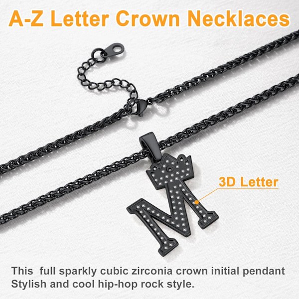 Krone Initial A-Z Halskjede, Iced Out Bokstavanheng med 22-24 Tommers Kjede, Menn Kvinner Bling Hip Hop Alfabet Navn Smykker Gave Store Initialer Halskjeder M Black