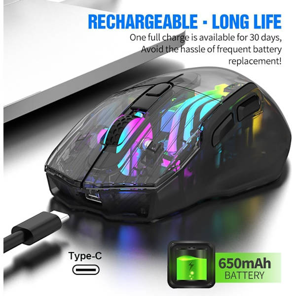 Bluetooth Trådlös Mus, Tri-Mode 2.4G/USB-C/Bluetooth Mus Upp till 3600 DPI, Transparent Mekanisk Spelmus, Chroma RGB Bakgrundsbelyst Black