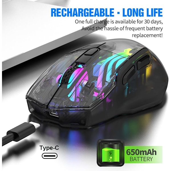 Bluetooth Trådløs Mus, Tri-Modus 2.4G/USB-C/Bluetooth Mus Opptil 3600 DPI, Transparent Mekanisk Spillmus, Chroma RGB Bakgrunnsbelyst Black