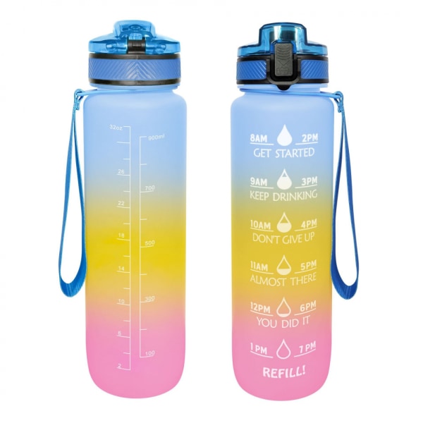 32 oz motiverende vandflaske med tidsmarkør ， 1 l flaske med bærestrop, perfekt til fitness, fitness og udendørs sport （Macaron blå gul ）