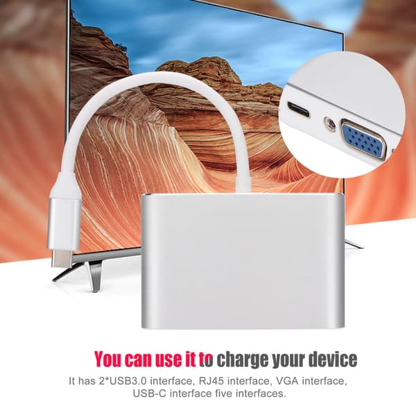 Multifunksjonell Type-C til RJ45+VGA+USB Hub 5 i 1 USB3.0 Konverteradapter