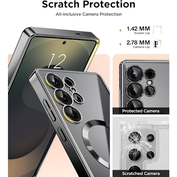 Magnetisk Deksel Samsung Galaxy S25 Ultra, Kompatibel med MagSafe, [Full Kamerabeskyttelse] [Skjermbeskytter] Støtsikker Forkrommet Klar Black/Clear