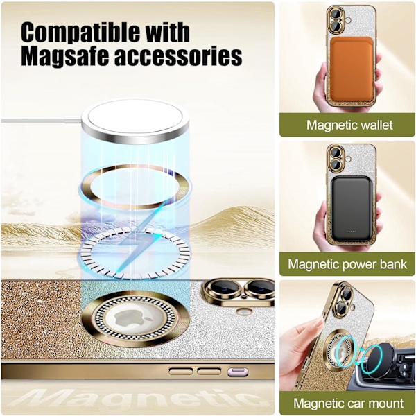 Misscase iPhone 16 Magneettinen Glitter Kuori Yhteensopiva MagSafe kanssa, Täysi Suoja Ohut Iskunkestävä Naarmuuntumaton Kuori Kameran Suojalla gold