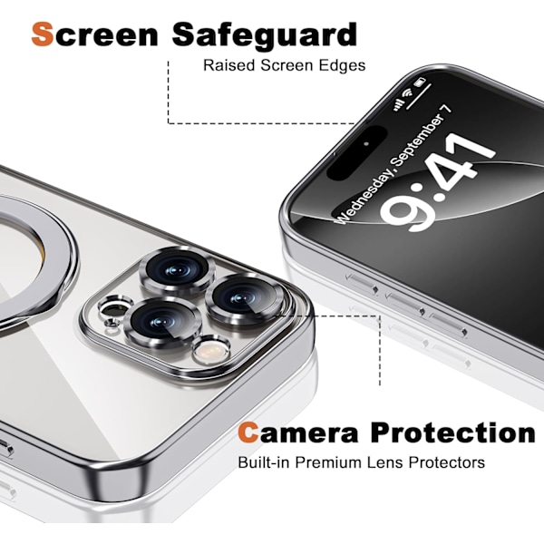 Kompatibel med iPhone 16promax Cover med Magnetisk Ring Stand [Kompatibel med Mag-Safe] [Fuld Kameralinse Beskyttelse] Belægning Klar Silver