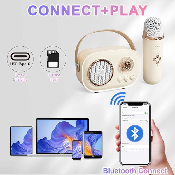 Gul Mini Karaoke-maskin för barn, bärbar Bluetooth-högtalare med 2 trådlösa mikrofoner, retrohögtalarset stereoljud förbättrat