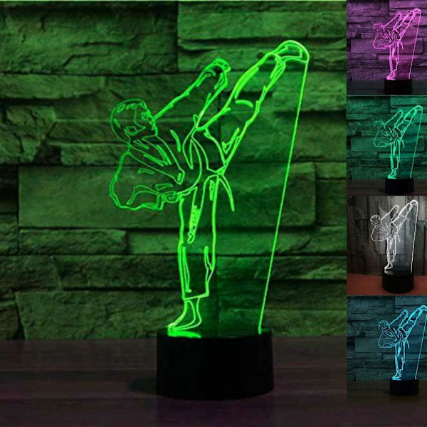 3D Taekwondo Nattlys Lampe Illusionslys 7 Farge Skiftende Berøringssensor Skrivebordsdekorasjon Lamper Gave med Akryl Flat ABS Base USB Kabel Leke