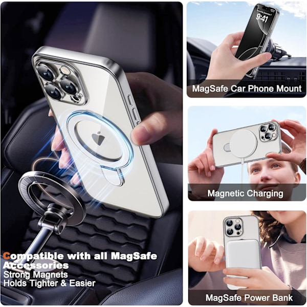 Kompatibel med iPhone 16 Pro Cover med Magnetisk Ring Stand [Kompatibel med Mag-Safe] [Fuld Kameralinse Beskyttelse] Belægning Klar Pho Silver