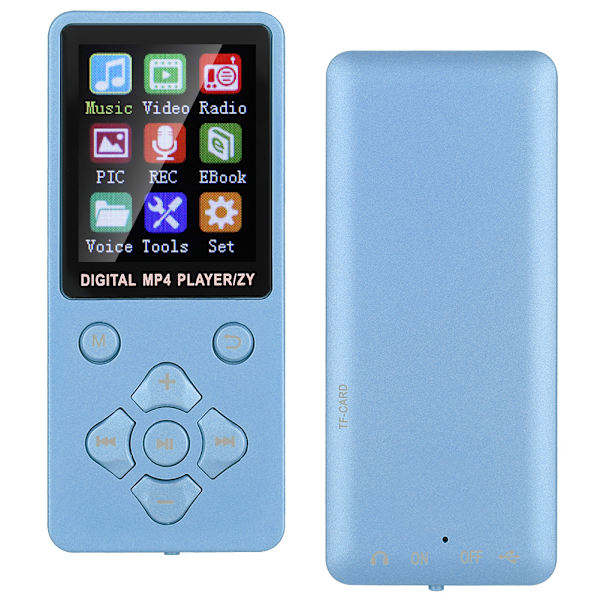 T1 Music MP3 MP4 -soitin Bluetooth-tuella, 32 Gt muistikortti, ristimäiset painikkeet, sininen