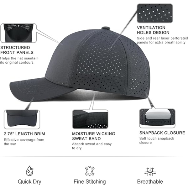 Mænd Hurtigtørrende Baseball Cap Laser Cut Mesh Bold Cap Buet Skygge Snapback Hat Dark Grey