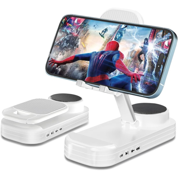Mobiltelefonstativ med trådløs Bluetooth-højttaler HD Surround Sound med skridsikker base til hjemmekøkken udendørs Kompatibel med iPhone White