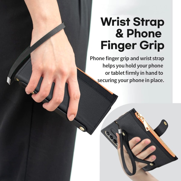 Plånboksfodral med S Pen-hållare till Samsung Galaxy Z Fold 4, PU-läderfodral med dragkedja, magnetlås, kortfack och handledsrem